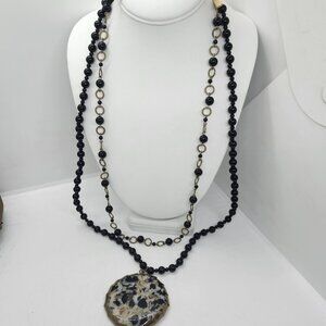 Jenny‎ Rabell Black Bead Double Strand Stone Pendant Necklace